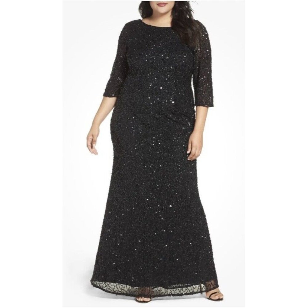 Adrianna Papell Black Sequin Long Sleeve Gown